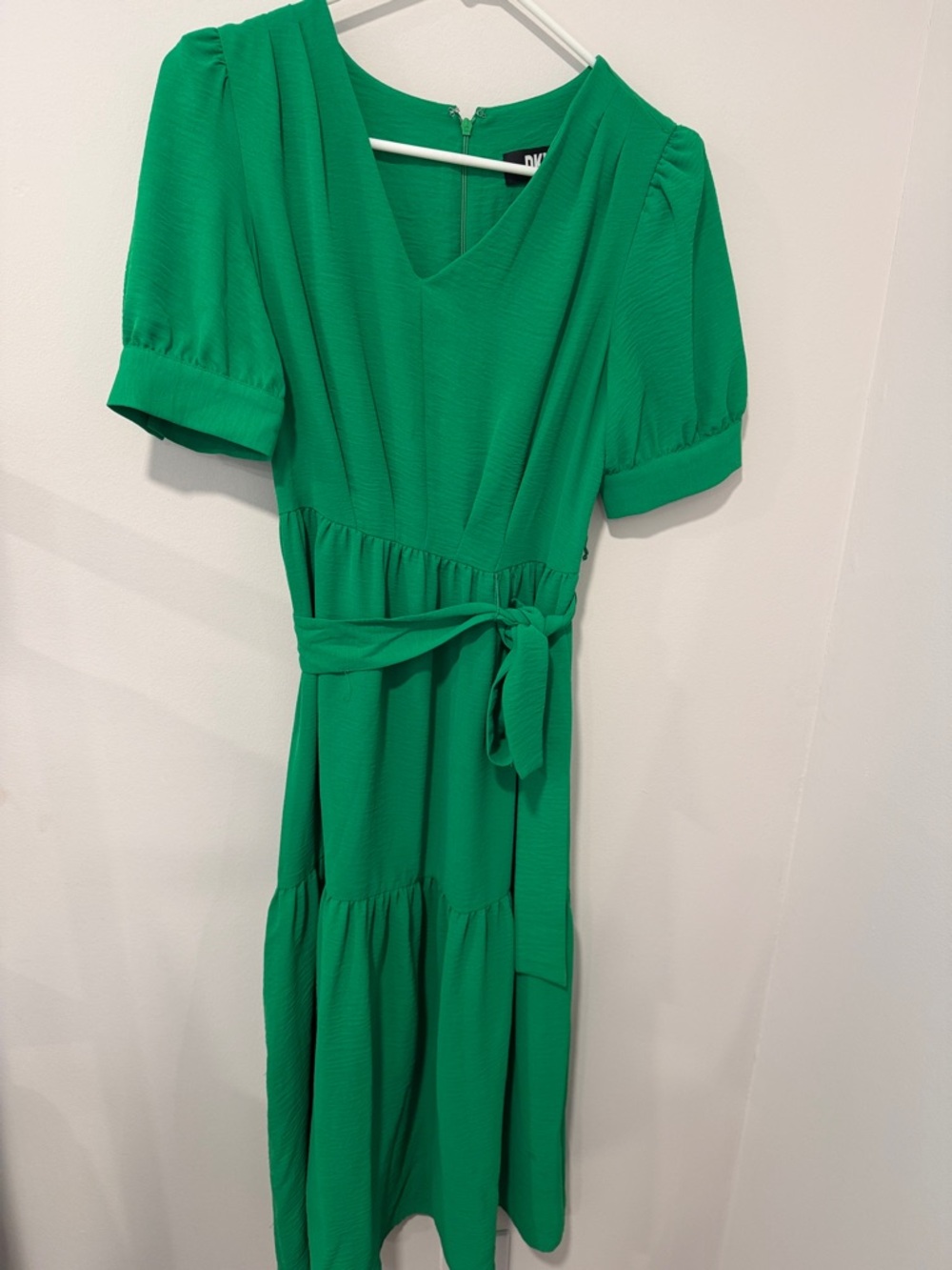 DKNY Emerald Green V-Neck Tie-Waist Midi Dress
